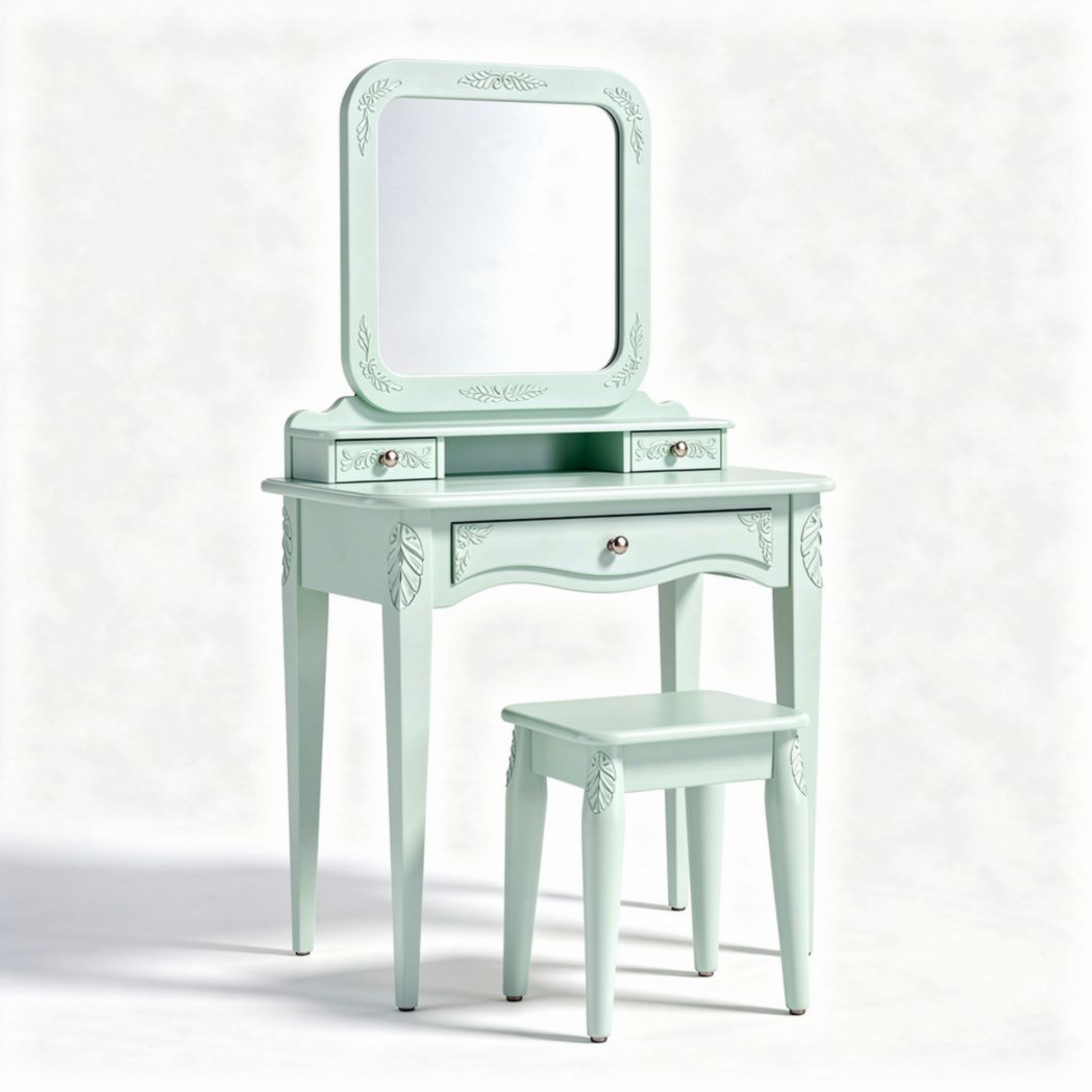 Coiffeuse en bois vert clair avec miroir et tabouret dimensions 90 x 40 x 150cm