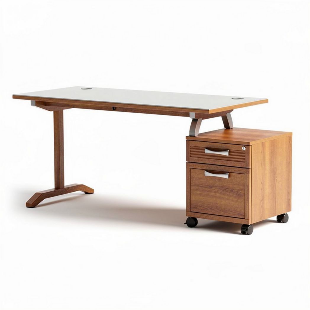 Bureau en bois de 150 x 75 x 75cm avec tiroirs et roulettes marron