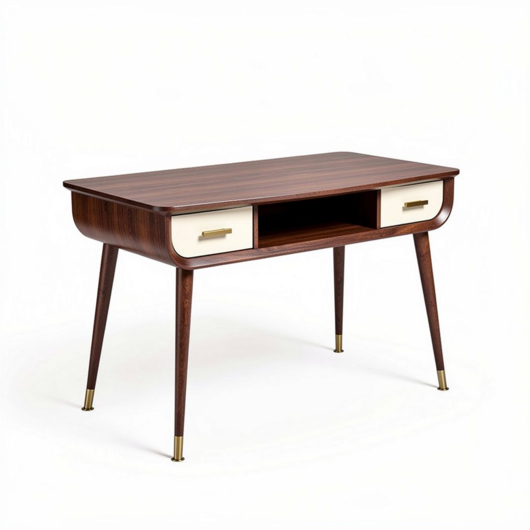 Bureau en bois foncé avec tiroirs blancs et pieds dorés 120 x 60 x 75cm