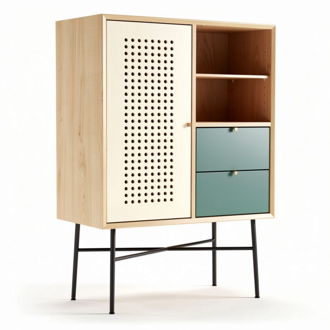 Buffet en bois de hêtre naturel avec portes perforées et tiroirs colorés 80 x 40 x 120cm