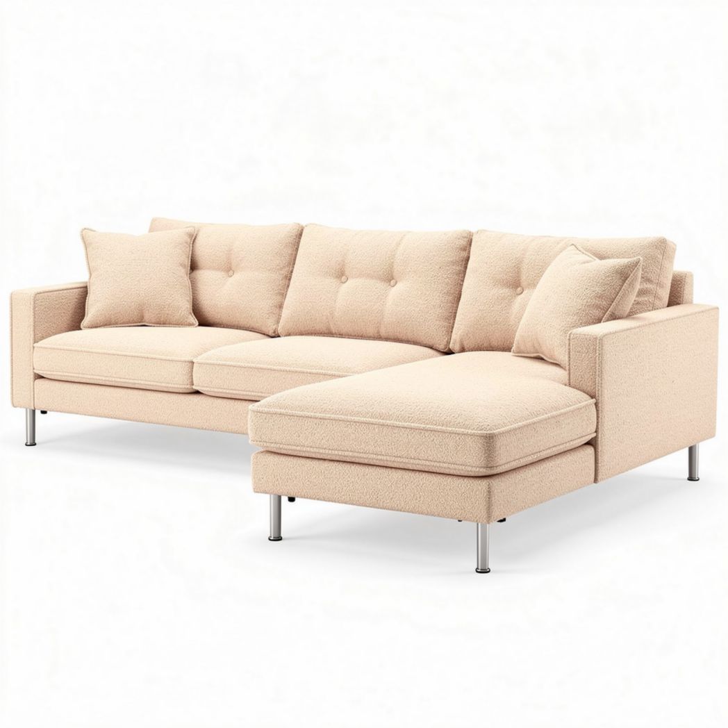 Canapé d'angle en tissu beige avec coussins 240 x 150 x 85cm pour salon